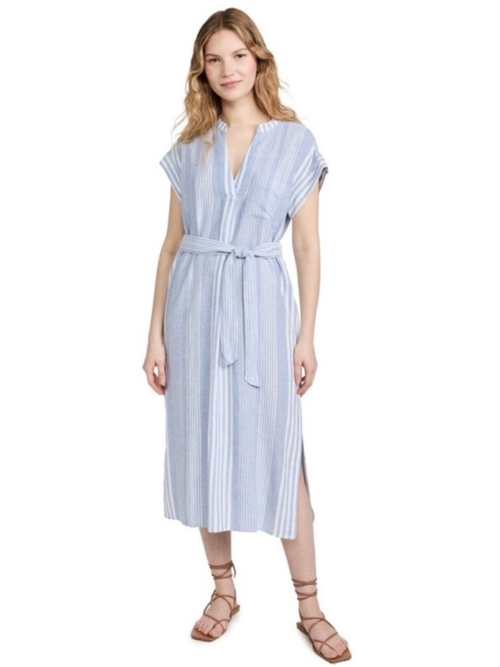 Rails Blue Dusk Stripe Suri Midi Dress with Tie Belt and Cap Sleeves Size XXS